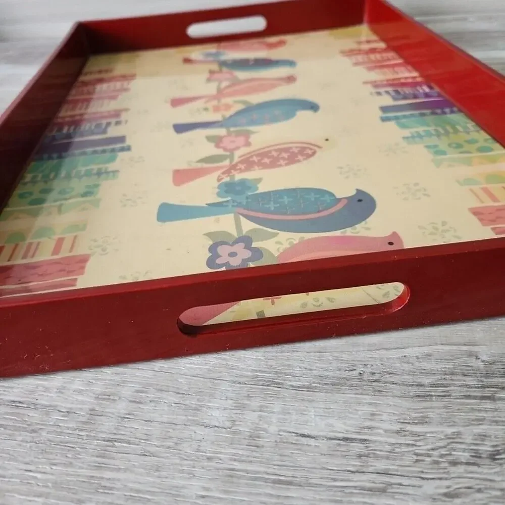 Pier 1 Imports Red Wood Table Tray Accent Bird on a wire‎ Pattern 18
